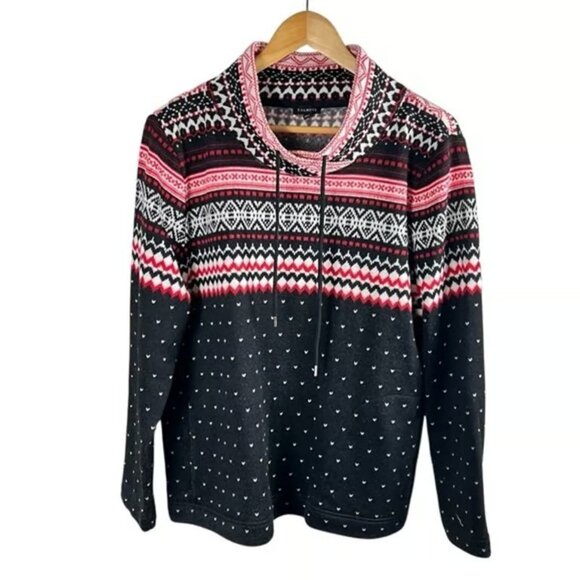 Talbots Geometric Fair Isle Fleece Knit Sweater Black Red White Nordic Pullover - Picture 1 of 4